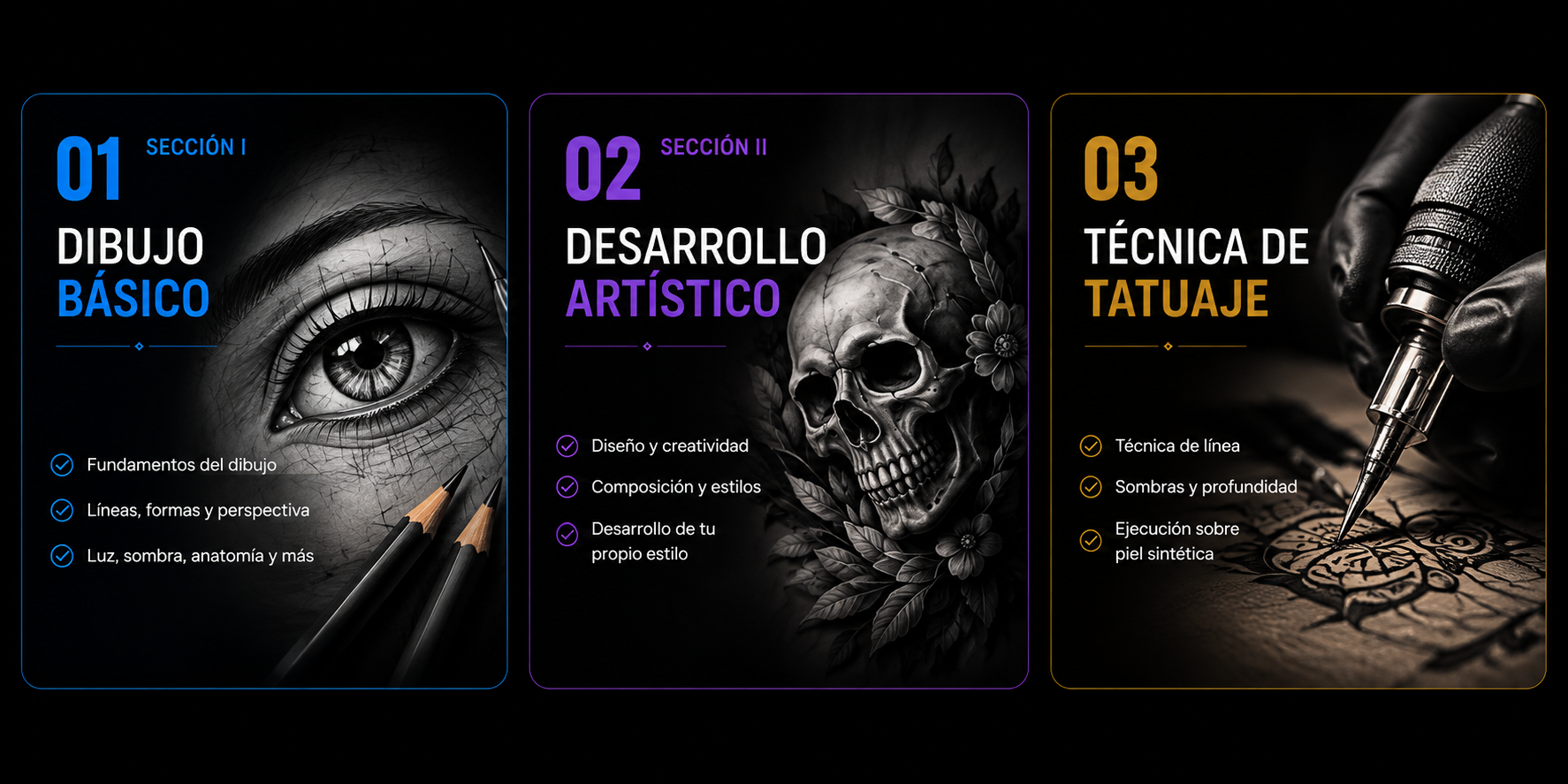 Las 3 etapas de Tattoo Pro Academy: dibujo básico, desarrollo artístico y técnica de tatuaje